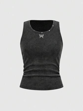 Grunge Punk Women's Retro American Style Sexy Metal Butterfly Rivet Tie Dye Pleated Cropped Camisole Vest Top For Summer