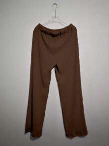 SHEIN 2pcs/Set Plus Size Women Solid Color Round Neck Drop Shoulder Top And Pants - Coffee Brown - View 2