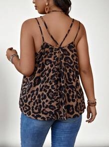 SHEIN VCAY Plus Size Leopard Print Double Strap Vacation Tank Top Autumn Winter Fashion New Arrival, French Style Women Top, Bell Sleeves, Party, Back To School, American Long Shirt, Stylish, Front Tie, Teacher Outfit, Old Money Style, Commute, Minimalism, Office Wear, Retro, Simple, Solid Color Shirt, Autumn Top, Vintage, Leopard Print, Animal Print, Teacher Top, V-Neck, Ladies Casual Top, Suitable For Outerwear