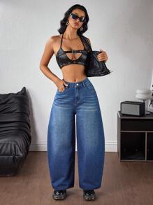 SHEIN ICON 女式蓝色宽松休闲夏季时尚百搭牛仔裤 - 藍色 - 查看 5