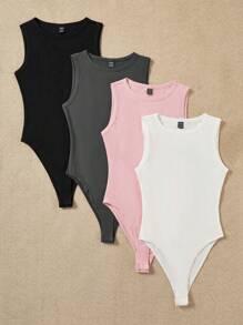 SHEIN EZwear 4 件套黑色、深灰色、粉色、白色女士圆领紧身衣背心，适合夏季 - 彩色 - 查看 6