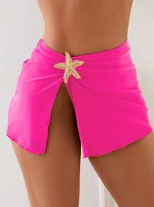 SHEIN Swim 1 件女士时尚性感纯色沙滩罩衫，侧面有海星装饰，适合度假 - 玫紅色 - 查看 3