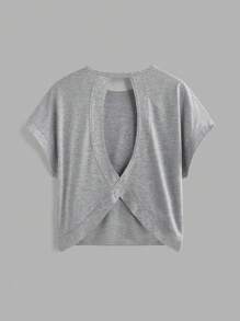 SHEIN Essnce 3 件套女士休闲圆领宽松后背镂空短袖 T 恤套装，适合夏季