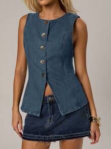 Avantive Women Summer New Sleeveless Washed Blue Denim Vest, Commuting Style - Blue - View 4