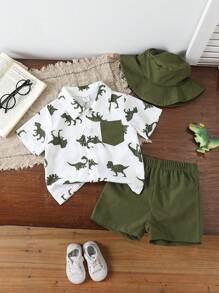 SHEIN Playful Pals 2 件套男婴夏季短袖 Polo 领恐龙印花上衣和纯绿色抽绳短裤，带帽子，可爱的恐龙印花增添俏皮感，适合日常穿着、户外玩耍、学校、度假，风格优雅，适合家庭休闲、运动和派对 - 彩色 - 查看 6