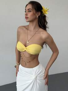 Aloruh 春夏季度假蓝色串珠黄色抹胸扭纹紧身性感女衬衫 - 黃色 - 查看 7