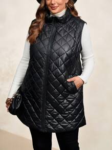 SHEIN Clasi 大碼拉鏈開襟衍縫外套馬甲 - 黑色 - 查看 6