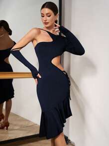 Mulvari Trang phục khiêu vũ tay dài thanh lịch cổ khoét sâu màu trơn không đối xứng - Màu xanh hải quân - Xem 3