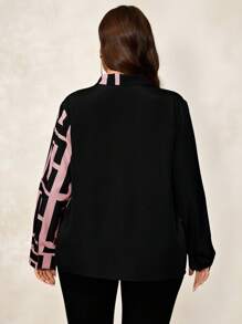 SHEIN Clasi Plus Size Color Block Geometric Printed Simple Daily Long Sleeve Shirt Business Casual Woman - Pink - View 2