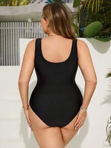 Swim Lushoire Plus Size Women One-Piece Swimsuit, Solid Black Color, Beach Party Holiday Swimming Wear For Summer Beach Vacation