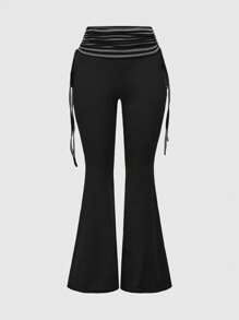 ROMWE 2pcs/Set Women Sexy Letter Rhinestone Leopard Print Strapless Drawstring Crop Top And Pants Set