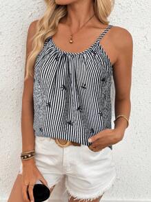SHEIN LUNE Top de tirantes tipo camiseta informal con estampado de mariposas y rayas, estilo vacacional para verano