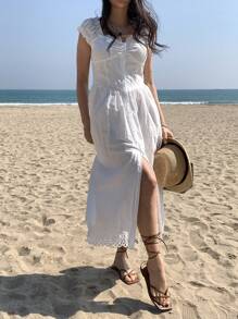 DAZY 女式束腰蕾丝拼接长款度假连衣裙、休闲沙滩裙 - 白色 - 查看 2