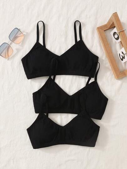 SHEIN Tween Girl 3st Set Enkel Bekväm Enfärgad V-hals Vadderad Camisole & Justerbara remmar Sport BH