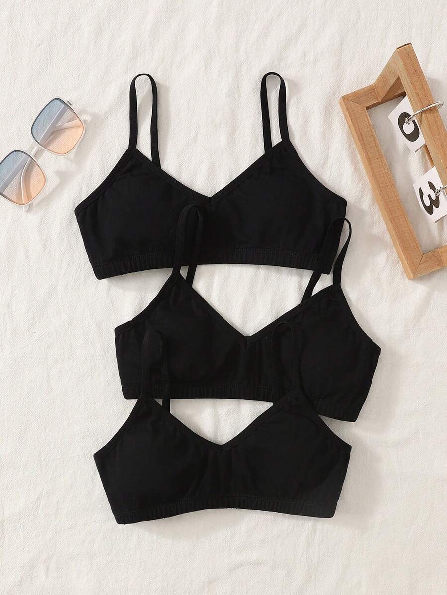 SHEIN 青少年女孩 3 件套 简单舒适纯色 V 领加垫吊带背心和可调节肩带运动胸罩