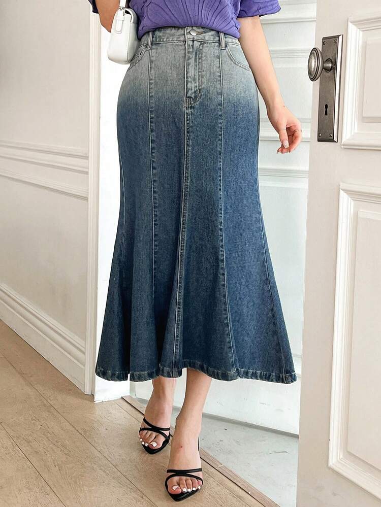 Women Ombre Color Fishtail Skirt, Elegant Casual Denim Skirt Jeans Skirt