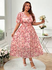 SHEIN Clasi 大码女式花卉印花 V 领荷叶边袖优雅长裙