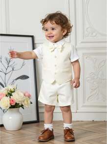 3 件套男婴正式绅士装，蝴蝶结短袖衬衫 + 单排扣背心 + 休闲短裤套装，适合婚礼、表演、派对、生日、圣诞节和毕业典礼，儿童/幼儿/男婴婚礼装 - 彩色 - 查看 1