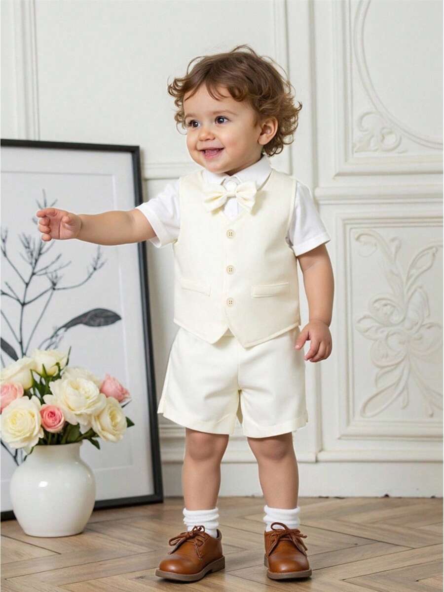 3 件套男婴正式绅士装，蝴蝶结短袖衬衫 + 单排扣背心 + 休闲短裤套装，适合婚礼、表演、派对、生日、圣诞节和毕业典礼，儿童/幼儿/男婴婚礼装 - 彩色 - 查看 1