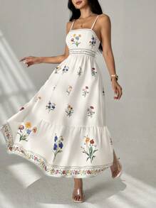 SHEIN PETITE 女士花卉印花波西米亚风格连衣裙，适合度假、浪漫、女士夏季服装、女士度假服装、生日服装、女士沙滩服装、女士西部服装、女士花卉连衣裙 - 杏色 - 查看 8