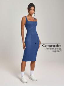 SHEIN Essnce 女式无袖休闲方领修身牛仔连衣裙，夏季 - 藍色 - 查看 6