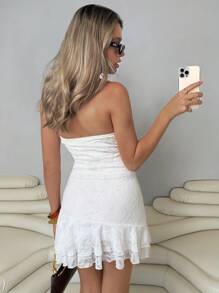 Roylia Rochie mini elegantă de vară pentru femei, cu model bandeau și volane, din dantelă vintage - Caisă - Vizualizare 2