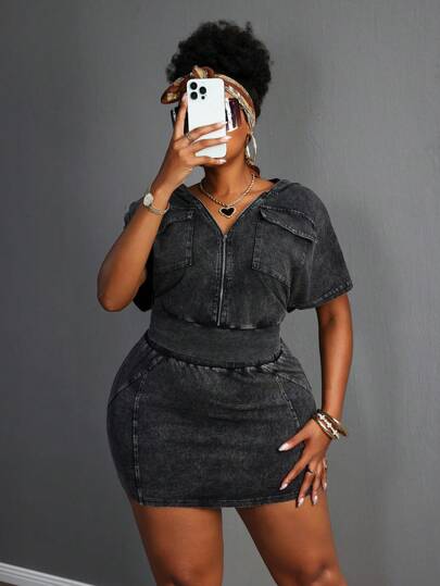 Slaydiva Plus Size Fashionable High Waisted Fitted Denim Mini Skirt  Women Clothing Y2k Women Summer Clothing Mini Black Tight Knit Skirt  Denim Skirt Set Curve Skirt Set Curve Denim Skirt Set Plus Size Denim Skirt Set