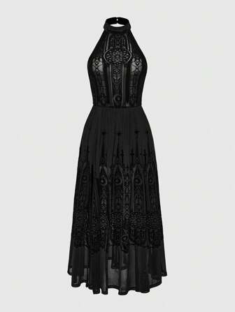 Goth Vintage Gothic Castle Flocked Graphic Mock Neck Dress