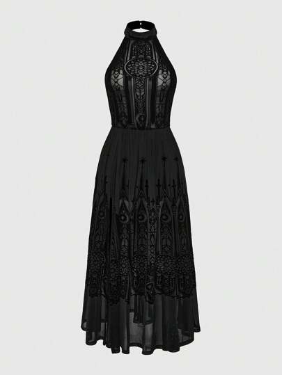 Goth Vintage Gothic Castle Flocked Graphic Mock Neck Dress