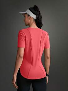 Exploreva Camiseta deportiva informal para mujer con dobladillo curvo de unicolor, de verano