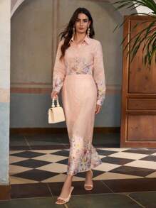 ZEYLAH 2 pièces Ensemble tenue à manches longues de style vacances avec imprimé dentelle pour le printemps/été - Multicolore - Voir 6