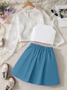 SHEIN 3 pièces/Set Ensemble top court et camisole en résille et jupe plissée pour jeunes filles - Bleu azur - Voir 2