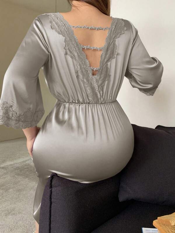 Dazy Plus Purple Contrast Lace V-Neck Cinched Waist Long Nightgown With 3/4 Sleeves, Elegant Sleepwear For Spring Summer Autumn