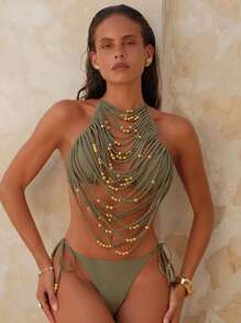 SHEIN Swim Chicsea 女士绿色镂空串珠流苏装饰泳衣套装，休闲度假海滩波西米亚风格，春夏 - 軍綠色 - 查看 7