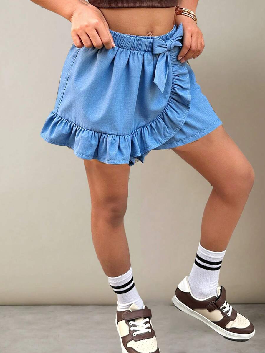 SHEIN Tween Girl Ruffle Trim Bow Front Skort