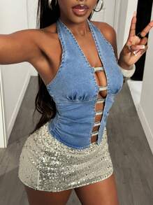 Slaydiva Women's Casual Open Back Zip Up Halter Denim Shirt - Blue - View 4