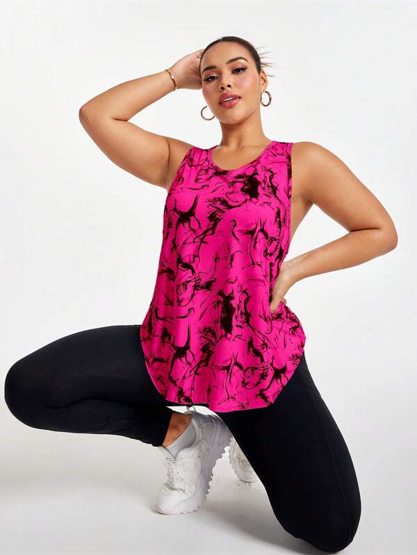 SHEIN Sport Studio Canottiera sportiva estiva con stampa all-over, orlo asimmetrico e scollo tondo