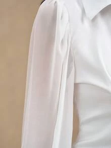 EMERY ROSE Nueva camisa elegante de moda con manga abullonada y abotonada, blusa de ajuste elegante y ceñido con manga transparente - Blanco - Ver 7