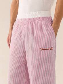 SWAVVY 男士梭织休闲日常青年宽松条纹拼接腰带直筒裤，学校，秋季 - 粉色 - 查看 4