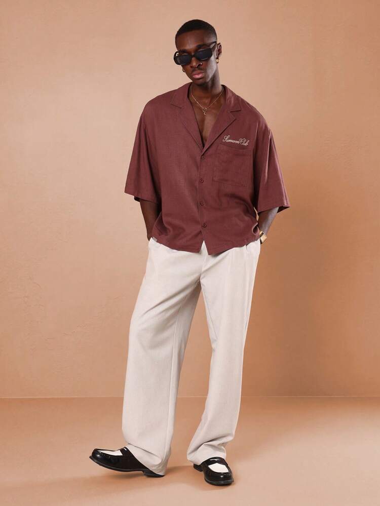 Linen Look Button Down Notched Collar Boxy Fit Oversized Men Shirt