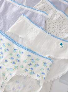 5pcs/Set Girls' Floral Print Soft Comfortable Briefs Underwear Set, Simple & Stylish Blue Color