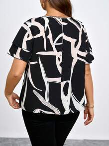Chikora Camisa informal de manga abullonada con estampado todo over, tallas grandes, verano - Negro - Ver 2