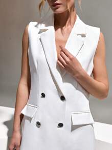 CLARA VERO Conjunto de traje elegante de dos piezas para mujer, chaqueta sin mangas de solapa doble botonadura con parches de unicolor y pantalones, ropa de verano profesional para mujer, conjunto de verano para mujer en color blanco - Blanco - Ver 3