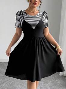 Elenzga Plus Size Loose Fit Short Sleeve 2 In 1 Dress - Black - View 5