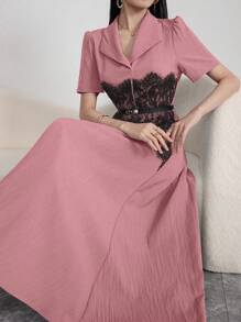 Modelyn Collared Wrinkly Contrast Lace Ruffle Hem Dress - Pink - View 5