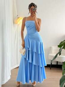 Chiquease Elegant High-Waisted Strap Maxi Dress, Chic And Sophisticated French Style - Blue - View 6