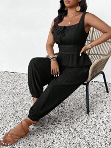 SHEIN Frenchy Bộ đồ liền thân không tay buộc dây ren màu trơn cỡ lớn cho nữ, mùa hè - màu đen - Xem 3