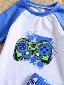 Ensemble de maillot de bain 2 pièces pour jeunes garçons, imprimé fixe partiel à l'avant, imprimé aléatoire ailleurs