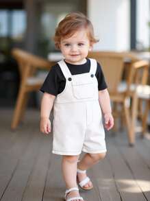 SHEIN Infant Boys' Casual Chic Plain White Cargo Romper, Minimalist Style, Comfortable & Versatile For Outings And Daily Wear, Suitable For Spring/Summer - White - View 7