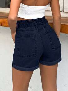 SHEIN Cottnline 100%Cotton Rigid, Elastic Band Detailed Shorts ,Petite Women - Dark Wash - View 2